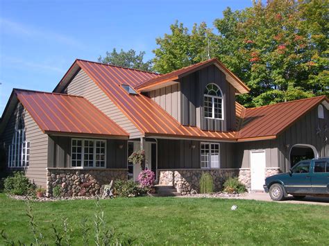 copper metal roof on brick house|ranch house with metal roof.